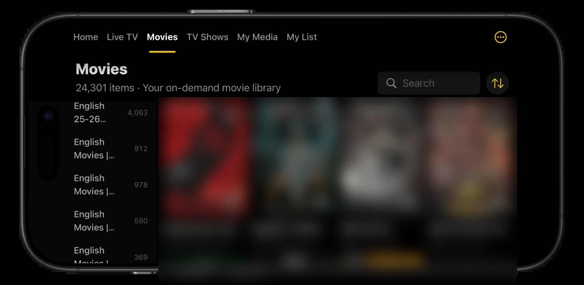 HKM Player movie library on iPhone, artwork intentionally blurred
